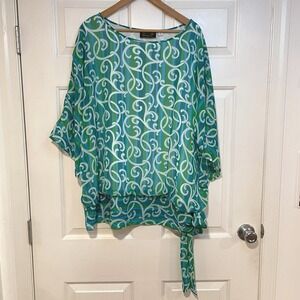 Bob Mackie Wearable Art 2X Sheer Green Blue Print Tie Waist Top Flowy Gauzy Bold